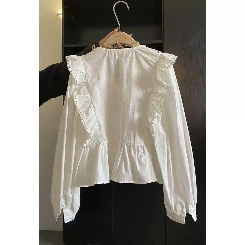 Spring Autumn Women's Casual Solid Colour Lace Patchwork Ruffled Long-Sleeved Top Fashionable Elegance