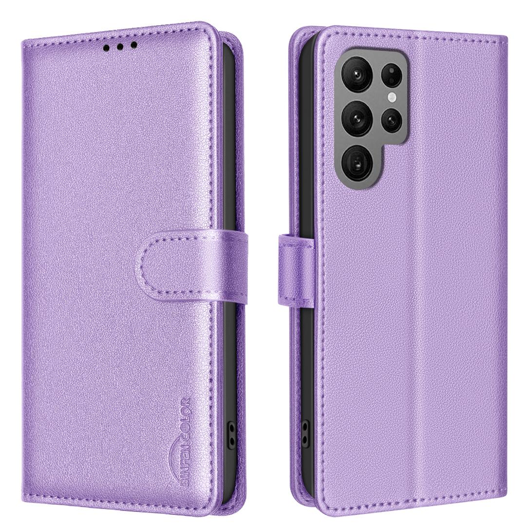

BINFEN COLOR BF32 For Samsung Galaxy S24 Ultra RFID Blocking Case Litchi Texture PU Leather Stand Phone Cover Purple