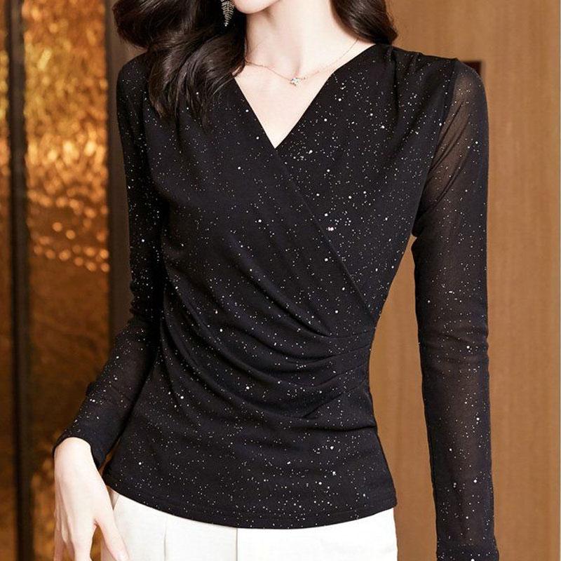 Office Lady Solid Color V-Neck Shirt Spring Autumn Stylish Sequined Korean Long Sleeve Women's Clothing Gauze Patchwork Blouse