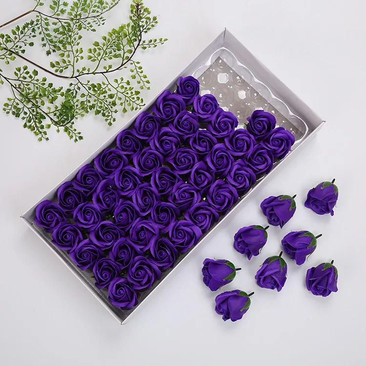 50 шт. Трехслойная головка мыльного цветка Имитация головки цветка DIY с основанием Головка мыльного цветка Подарочная коробка Букет Домашний декор Подарок темно-фиолетового