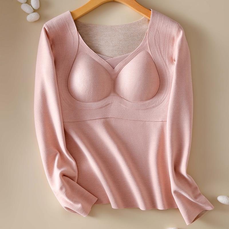 

Женский утепленный бархатный топ с длинными рукавами - теплая смесь шелка и кашемира для осени и зимы XL (116-130 lbs)