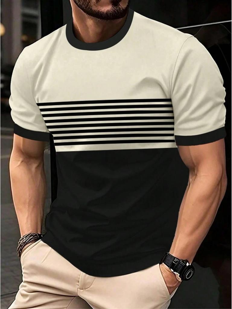 Fashion Men's T-Shirt Striped Pattern Short Sleeve Tee Summer Striped 3D Print Street Trend Simple Oversized Casual T-Shirt Men
