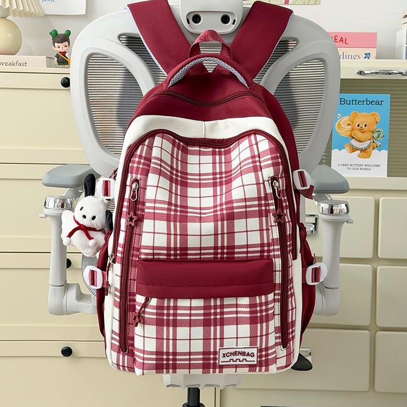 Schoolbag1011 New Plaid Backpack, Student Schoolbag, Women's Large-capacity, Lightweight and Simple, Junior High School Student Shoulder Make-up Bag
