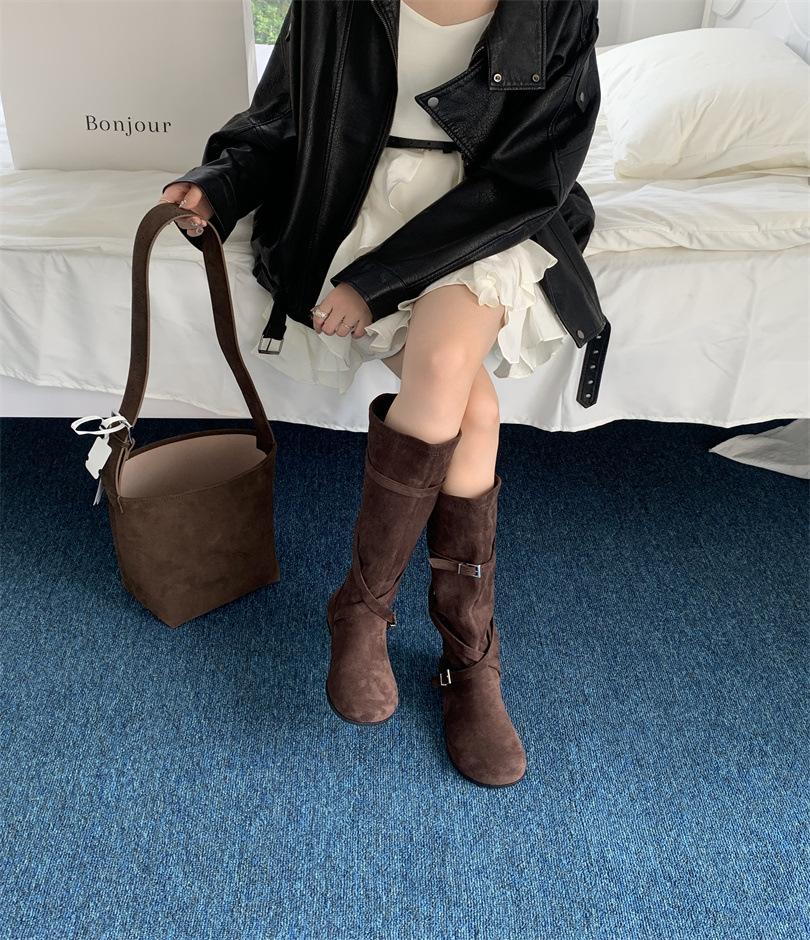 Black Boots Women's Long Boots American Daughter Style Autumn and Winter Retro Inner Height Increase But Knee Maillard Skinny Denim