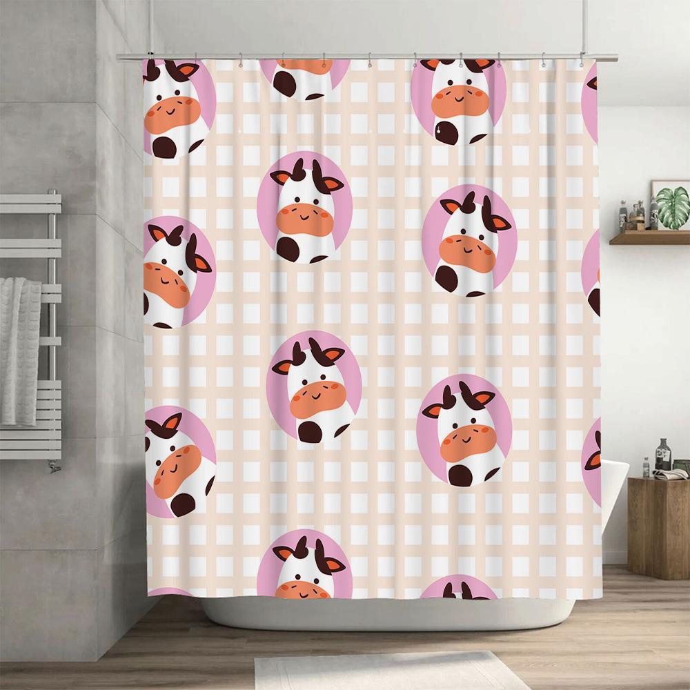 Pink Cow Printed Shower Curtain Cute Bathroom Decor for Kids Bathrooms Waterproof Fabric with Hook Rings Set (180x245cm)