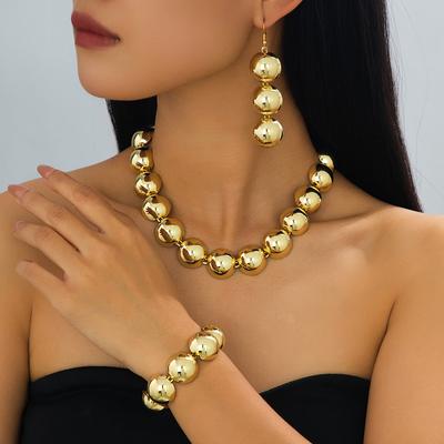 Fashion Exaggerated Gold Bead Necklace Bracelet Earrings Three-Piece Set Women'S Light Luxury High-End Decoration