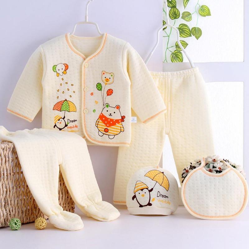 HeavyRain 5PCS Newborn Baby Boy Girl Cartoon Long Sleeve Tops+Hat+Pants +Bib Outfits Set