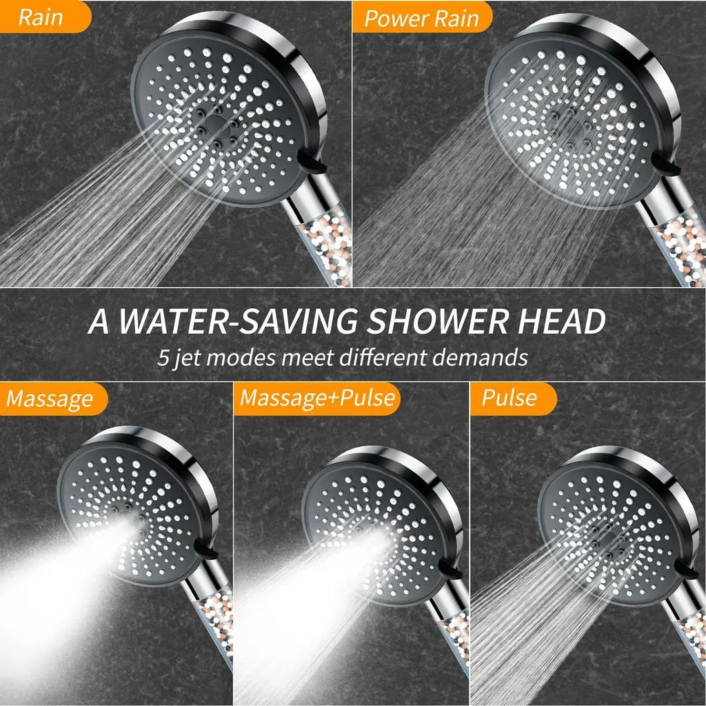 Adjustment 5-speed Water Filter Shower Head High Pressure Negative Ion Hard Water Softening Shower Head Set