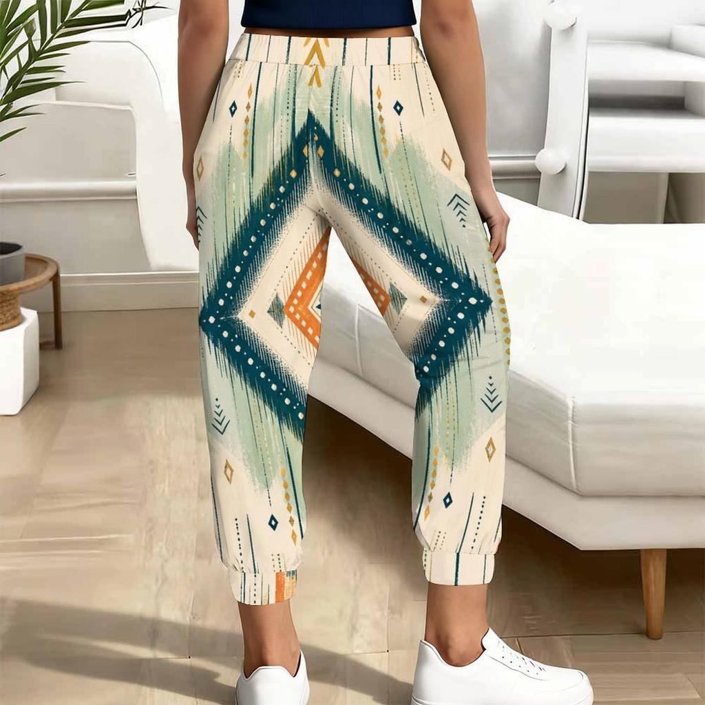 Women Plus Size Geometric Printed Jogger Pants Drawstring Waist Side Pockets Cuffed Ankle