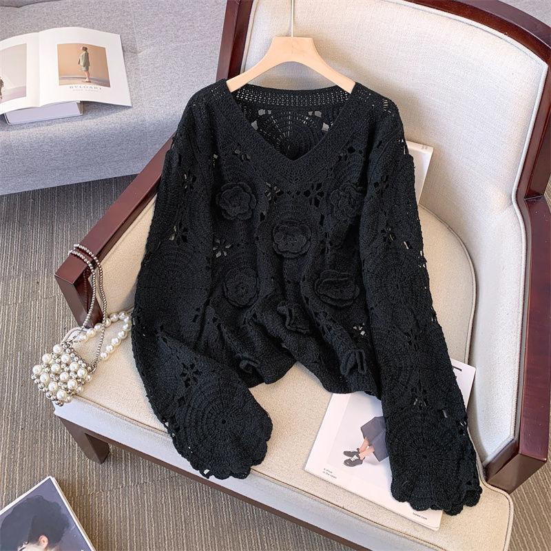 Early Autumn Niche Design Sense Flower Hollow Knitted Sweater Plus Size Women's Fashion V-neck Blouse Top