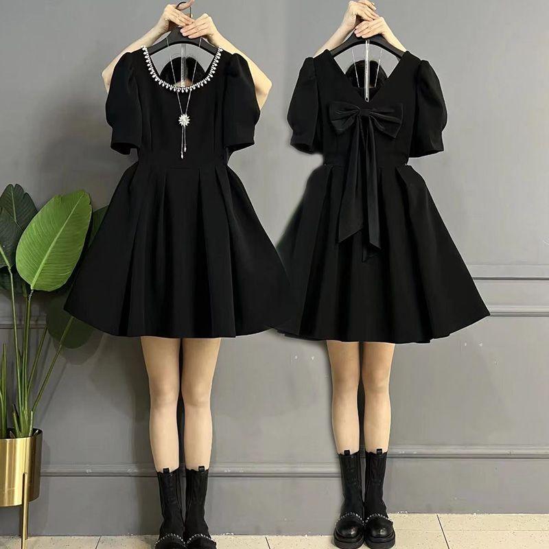 

Plus Size Ladies Elegant Covering Belly Thin Hepburn Style Heavy Industry Beads Black 6XL