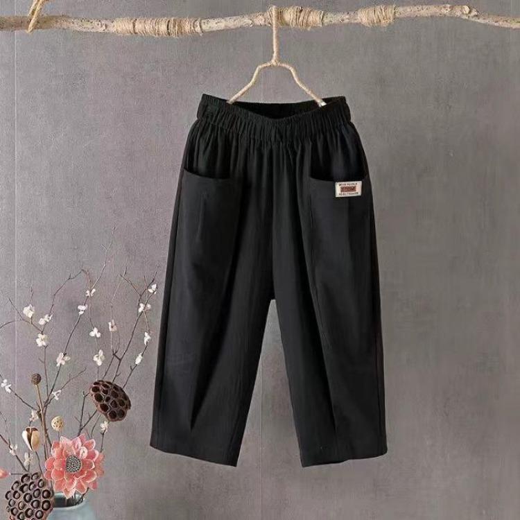 Women's Casual Summer Cotton Hemp Cropped Pants Wide Leg Mid Rise Elastic Waistband Solid Color Comfortable Trendy