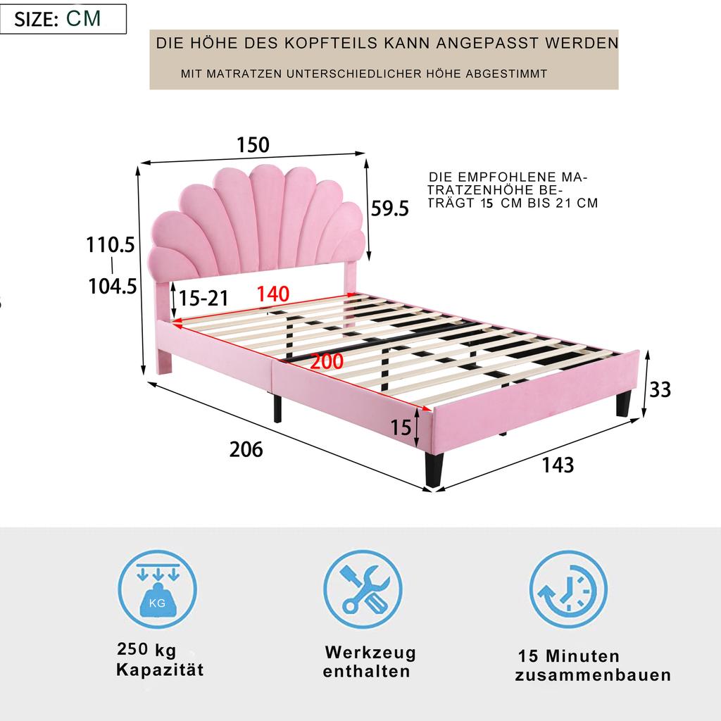 Letto Matrimoniale Imbottito 140 x 200 cm, Struttura con Testiera a Forma di Fiore e Rete a Doghe, per Adulti-Ragazzi in Tessuto di Velluto Amico della Pelle, Letto per Ospiti Rosa