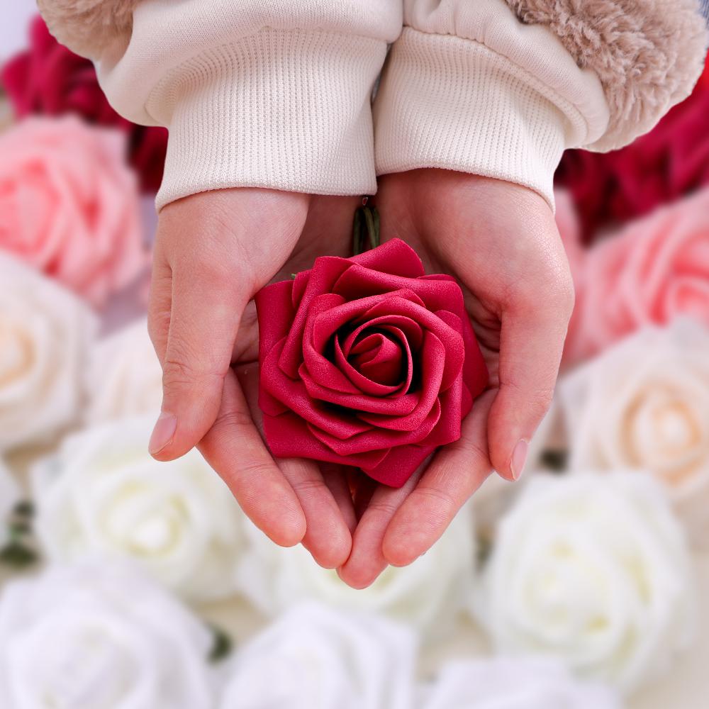 5/100pcs Artificial Fake Roses Heads with Stems Rose Flower and Green Leaves Valentine's Day Wedding Birthday Party Decoration