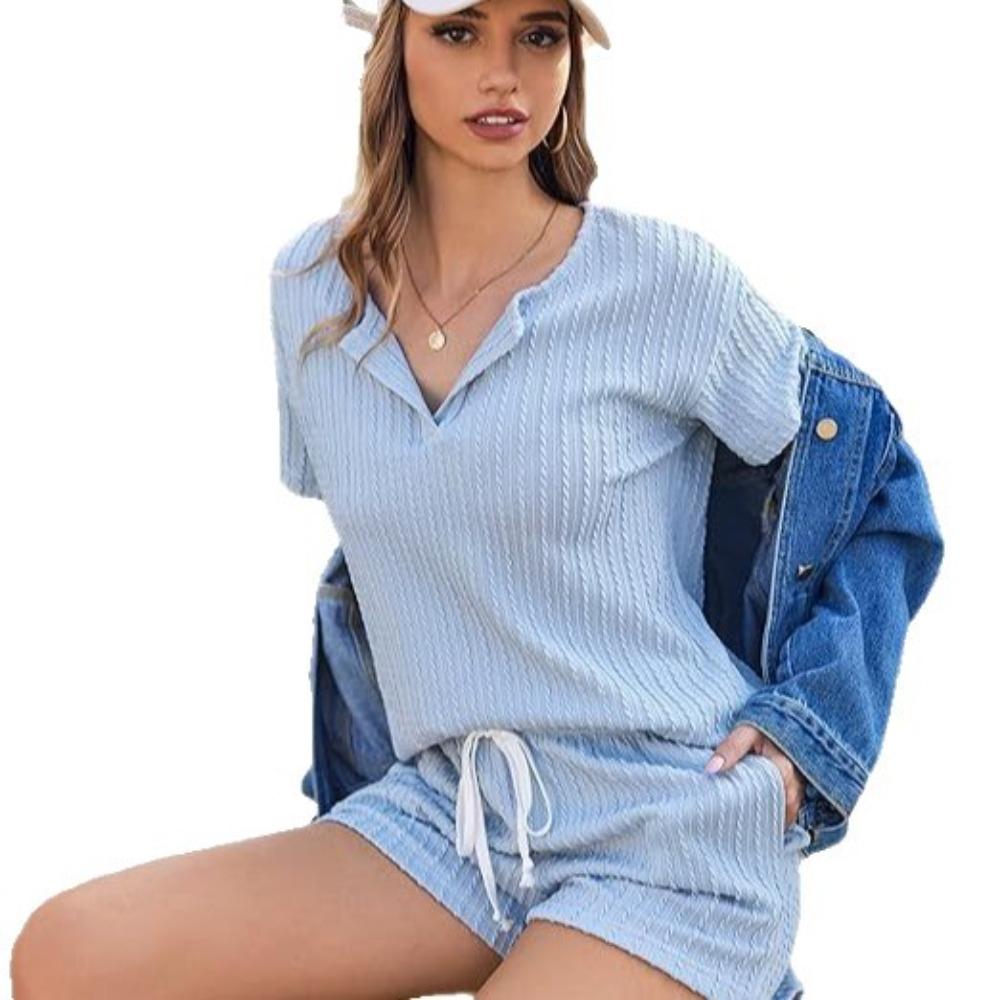 Simple Style Women's Sleepwear with Texture and Patterned Cotton Short-Sleeved Shorts Set with V-Neck Pockets for Home Use