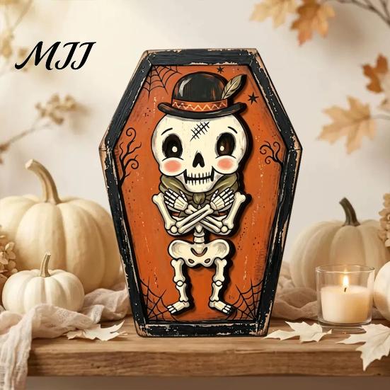 Fall Home Decor for Tables Vintage Halloween Wooden Decor, Cat Mummy Skeleton Figurines, Festive Tabletop Farmhouse Centerpiece Shelf Mantel