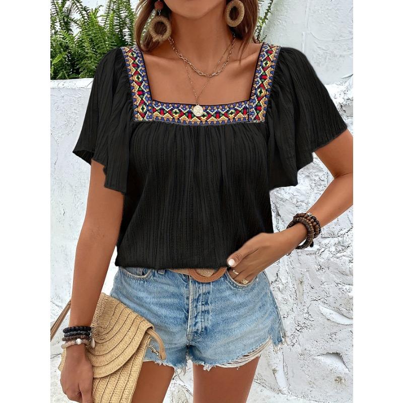 Summer Vacation Lace Embroidery Square Collar Pullover T-shirt Women's Fashion Simple