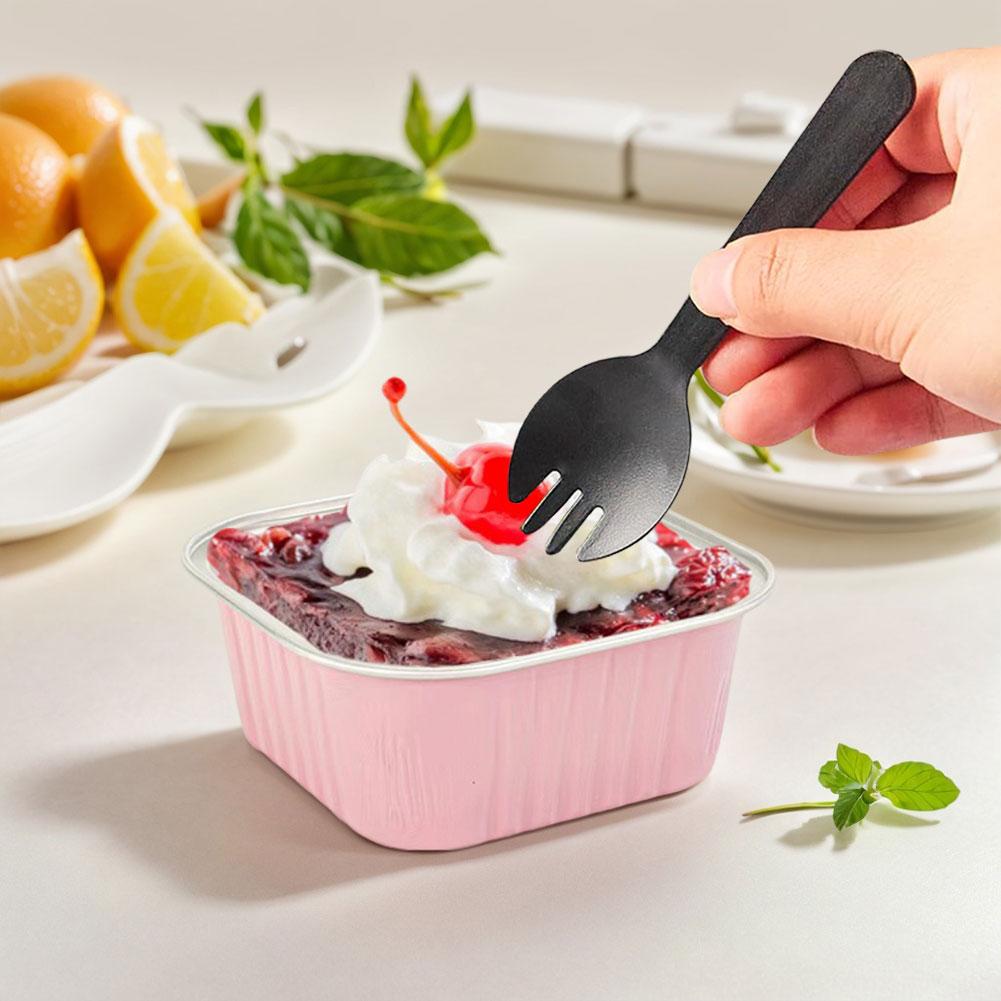 25Pcs 150ml Square Mini Cake Pans with Lids & Spoons Disposable Cupcake Cups Mini Bread Containers for Wedding Birthday Party