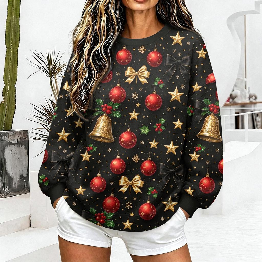 Women's Casual Christmas Print Crewneck Sweatshirt Pullover for Holiday Everyday Wear