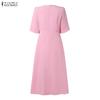 ZANZEA Women Casual Round Neck Bows Splice Half Sleeve Loose A-Line Dress