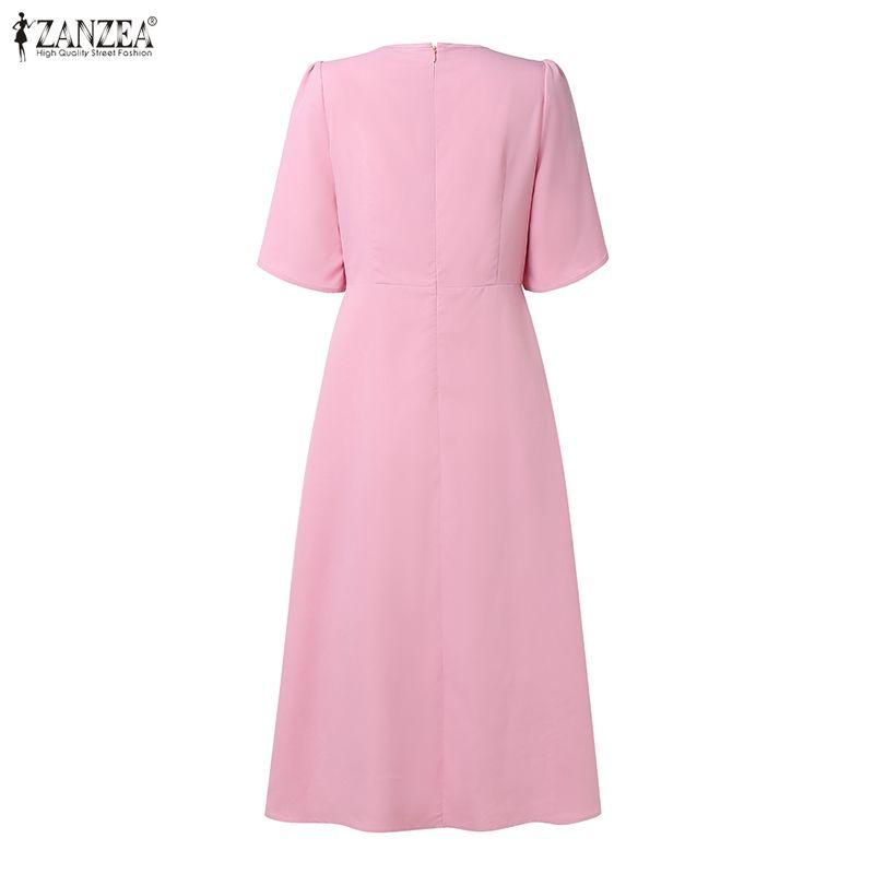 ZANZEA Women Casual Round Neck Bows Splice Half Sleeve Loose A-Line Dress