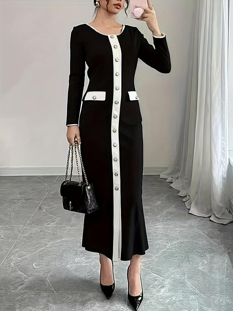 Women's Black & White Patchwork Slim-Fit Long Skirt Dress