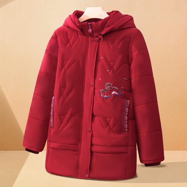 Middle-aged Mother Winter Loose Coat Medium and Long Winter Color Grandma Padded Jacket with Hat
