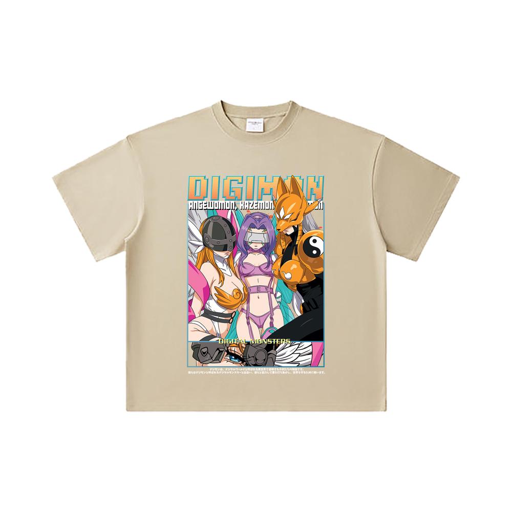 260 GSM Double Yarn 32 Count 100% Cotton Digimon V6 Waifus Print Unisex Heavy Cotton T Shirt