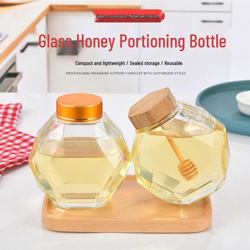 Hexagonal Glass Honey Jar with Wood Lid & Stirrer