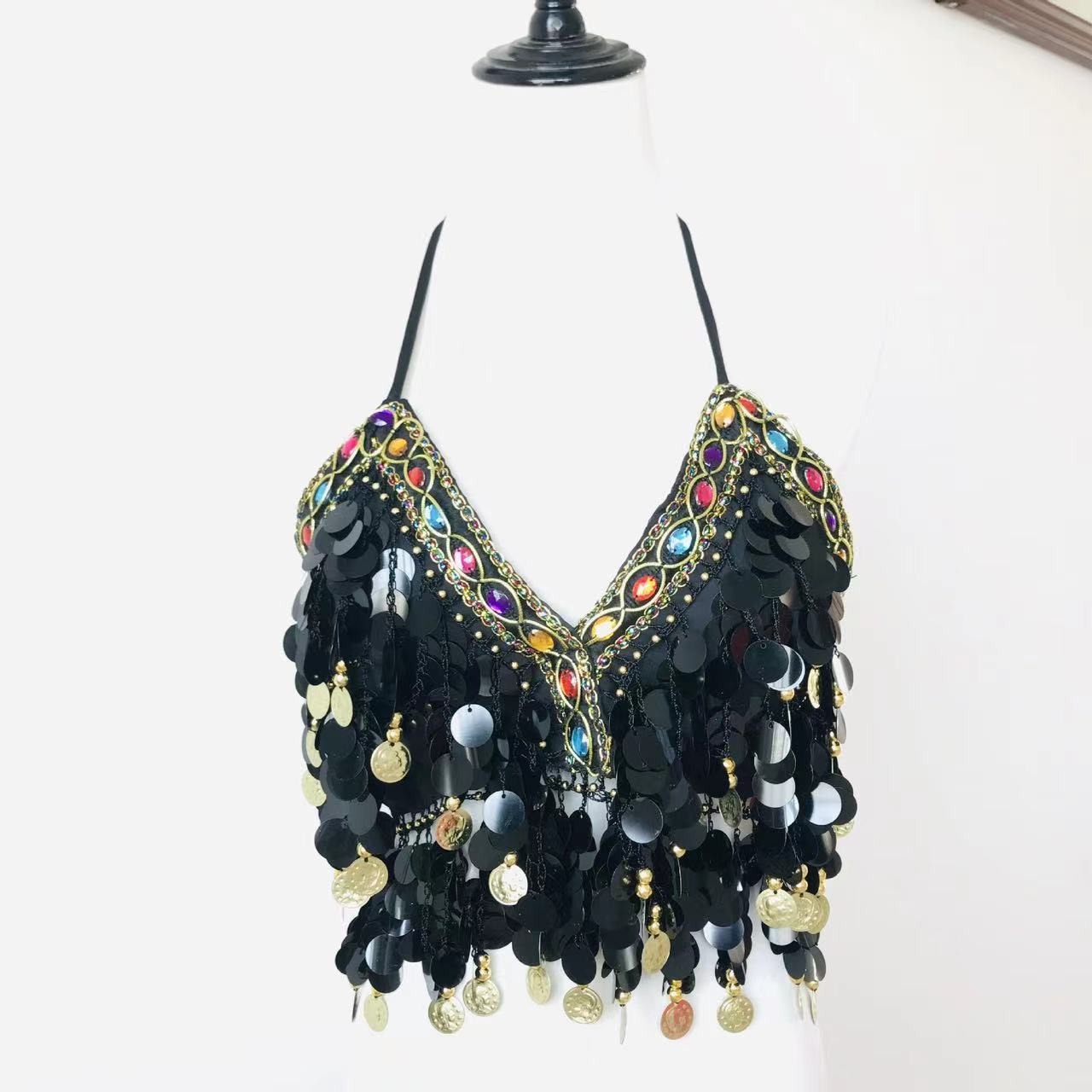 

Женский топ для танца живота - сверкающий бюстгальтер с пайетками, цепочками из монет и бахромой One size