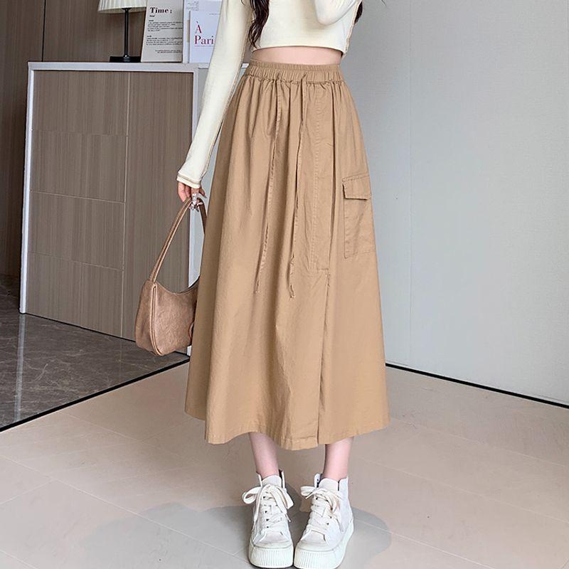 

Plus Size Women s Clothing Artsy Retro High Waist Drawstring Army Green Workwear with Pocket Mid Length Long Length Split Skirt M-4XL Khaki 4XL(Large size)
