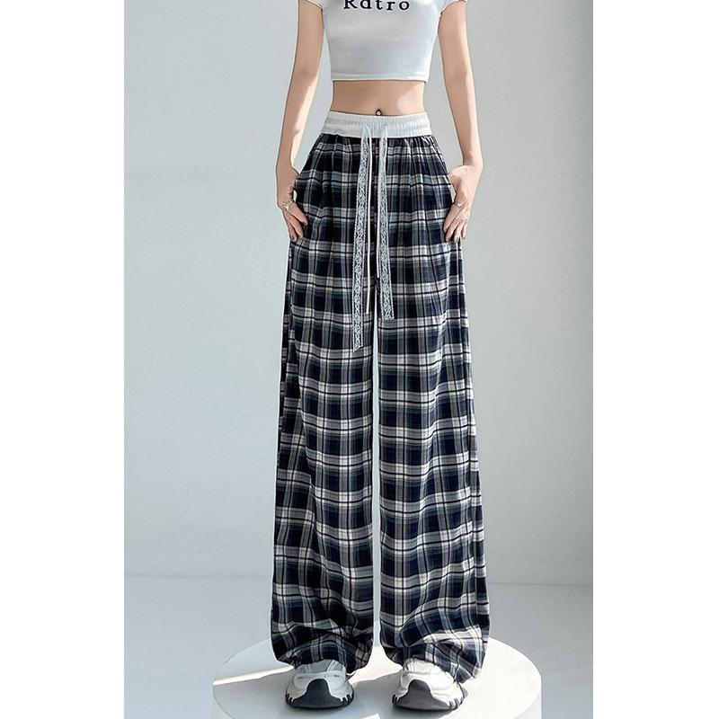 Lace Drawstring Plaid Wide-leg Pants for Women In Spring and Summer High Waist Drooping Lazy Style Loose Casual Floor Pants