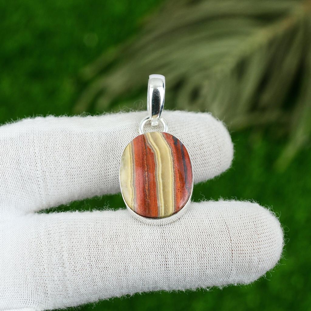 925 Sterling Silver Oval Natural Red Snakeskin Jasper Handcrafted Bezel Pendant