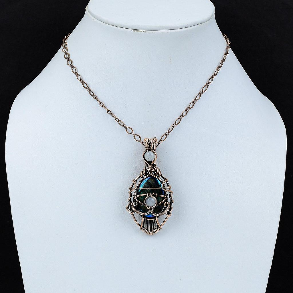 Evil Eye Mystic Fire Labradorite Pendant Copper Wire Wrapped Gemstone Pendant Handmade Copper Jewelry Rainbow Moonstone Pendant Gift For Her