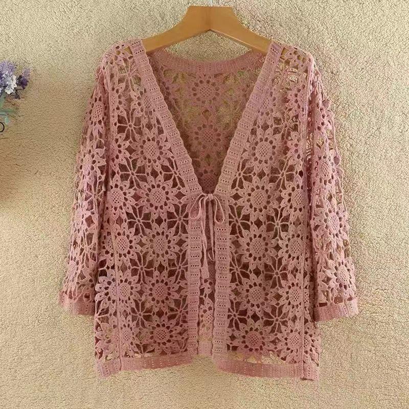 Women Hollow Lace Sunscreen Cardigan Sweater Wide Loose Air Conditioning Knitted Sweater Thin Section Female Spring Autumn
