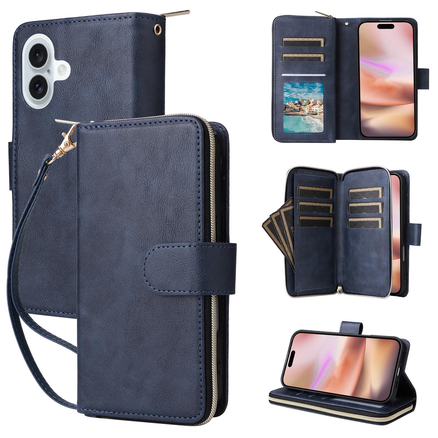 

For iPhone 16 Plus Case PU Leather Phone Cover 9 Card Slots Zipper Pocket Hand Strap Blue