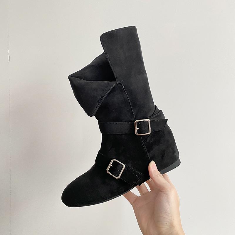 

Retro Belt Buckle Mid-leg Boots Women s Autumn New Skinny All-match Inner Heightening Western Boots 40