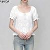 Summer Women Casual U Neck Front Crochet Lace Splice Short Sleeve Blouse Shirts