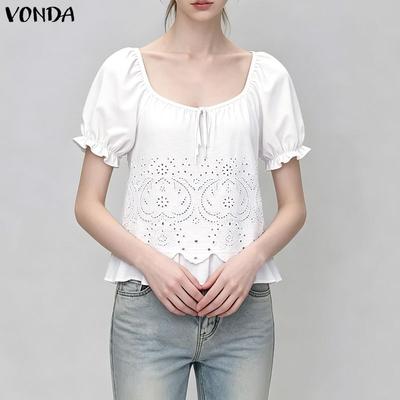 Summer Women Casual U Neck Front Crochet Lace Splice Short Sleeve Blouse Shirts