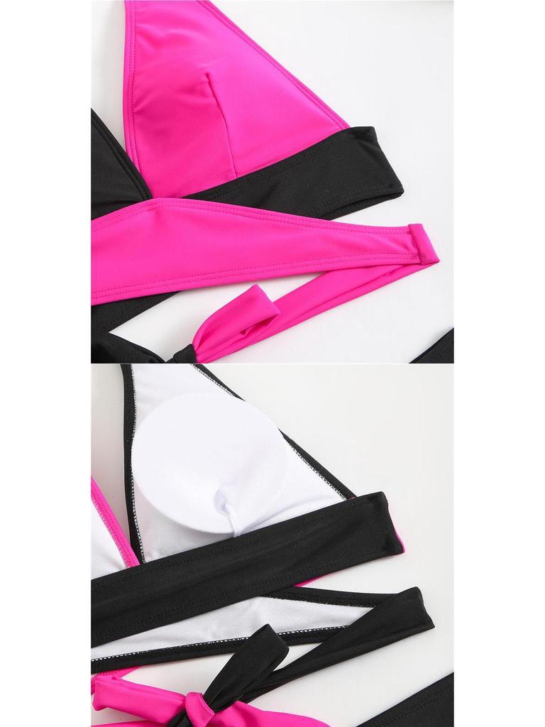 2025 Sexy Color Block Deep V Lace-Up Two-Piece Swimsuit