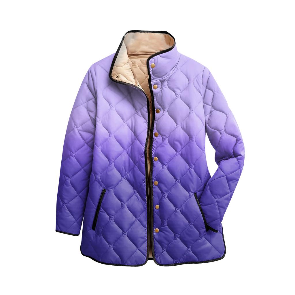 Ladies' Gradient Printed Stand Up Collar Pleated Cotton Long Sleeved Buttoned Cotton Jacket