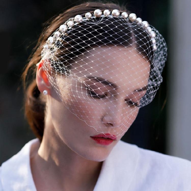Breathable Face Veil Hairband Bridal Shower Hairhoop Head Accessory with Pearls Decors for Special Occasion Formal Outfit