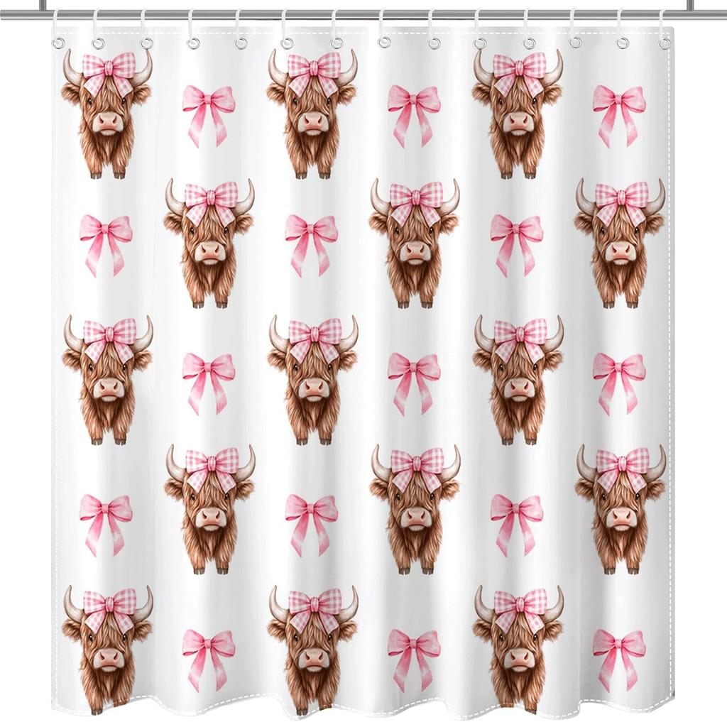 Pink Bow Shower Curtain for Bathroom Cute Funny Highland Cow Shower Curtain Waterproof Fabric Bath Curtain for Bow BathroomDecor