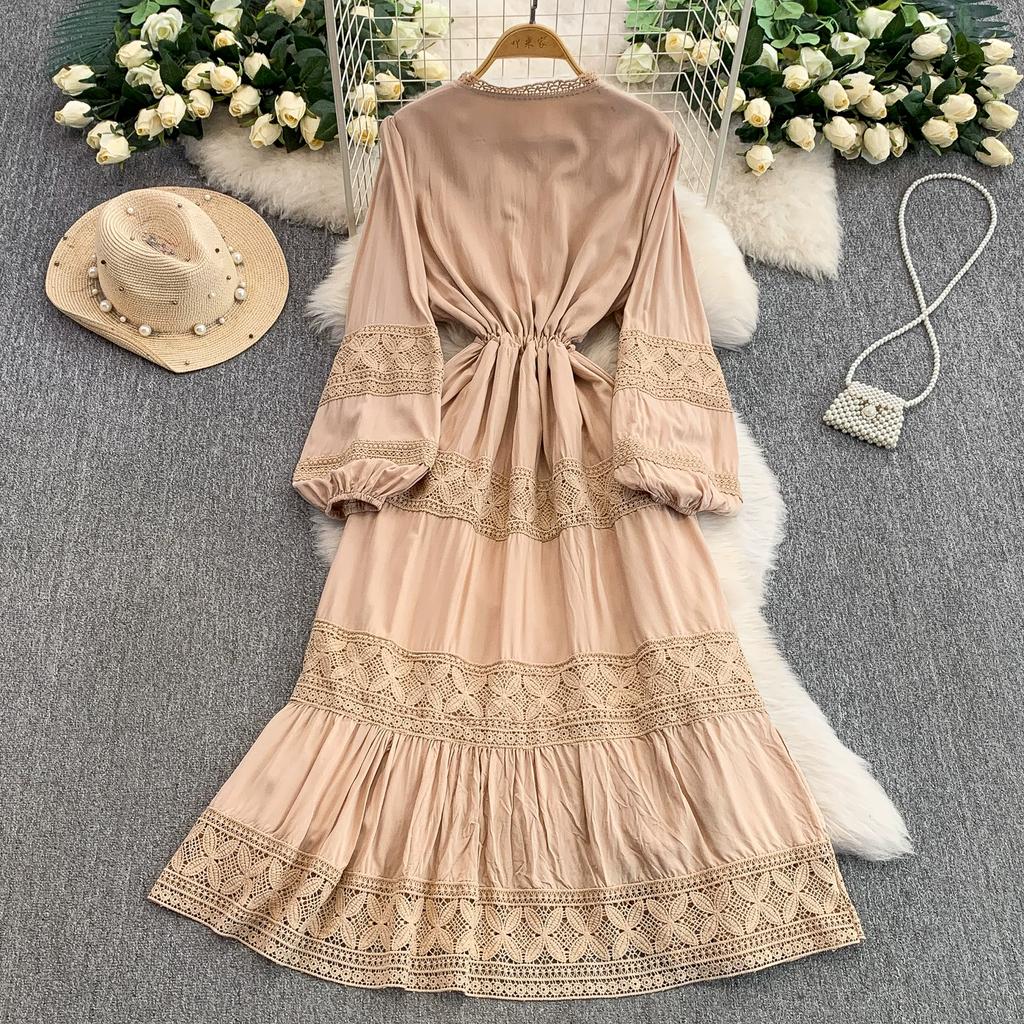 Lace Patchwork Round Neck Long Sleeved Dress for Women In Spring  Autumn Buttoned Drawstring Waist Cinching Slimming Cake Women Dress