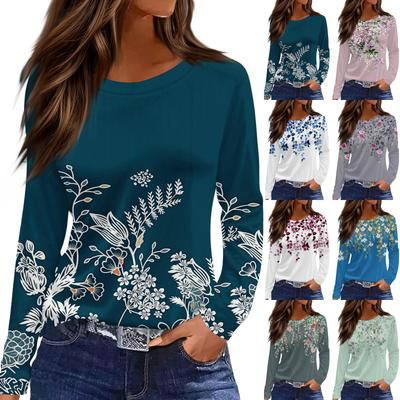Women's Fashion Casual Slit Hem Round Neck Long Sleeve Loose Printed T-Shirt Ladies Top