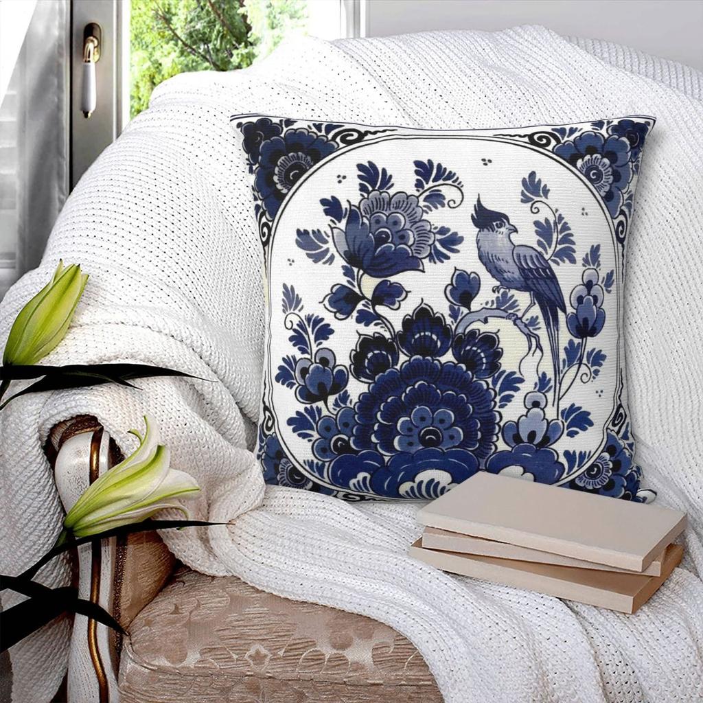 DUTCH BLUE DELFT Vintage Blaue Vogel- und Blumen-Druck Quadratische Kissenhülle Kissenbezug Kissen Überwurf für Zuhause Schlafzimmer
