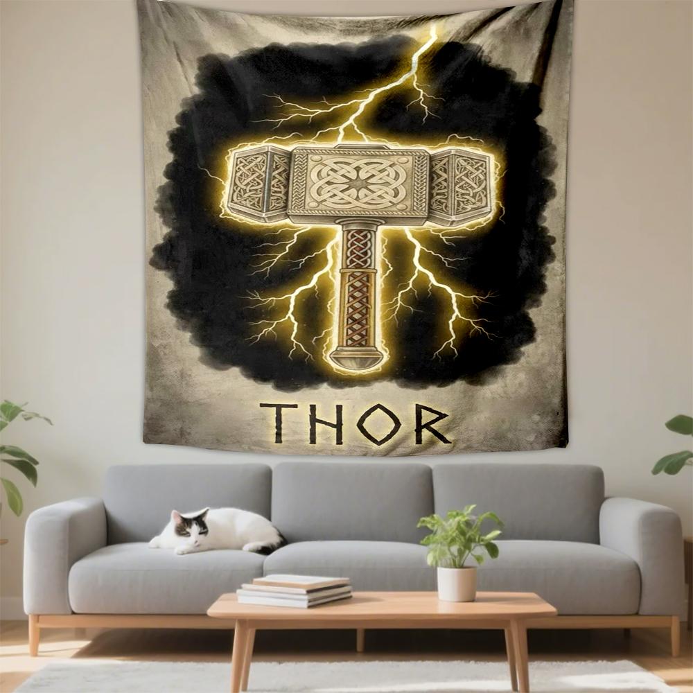 Tapestry Viking Thor Mjolnir Ornate Celtic Knot Golden Yellow Lightning Clouds Rune Text Poster