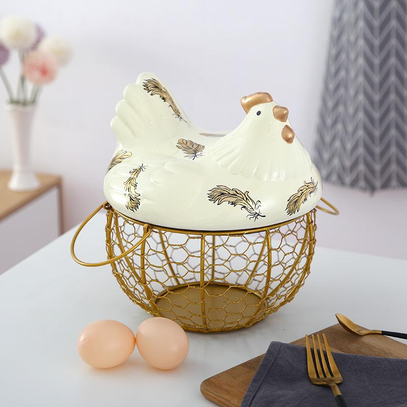 Rustikaler Schmiedeeisen-Keramik-Eierkorb für Hühner, Aufbewahrungskorb für Obst, Snacks, Kleinigkeiten, Heimdekoration, Küchendekoration