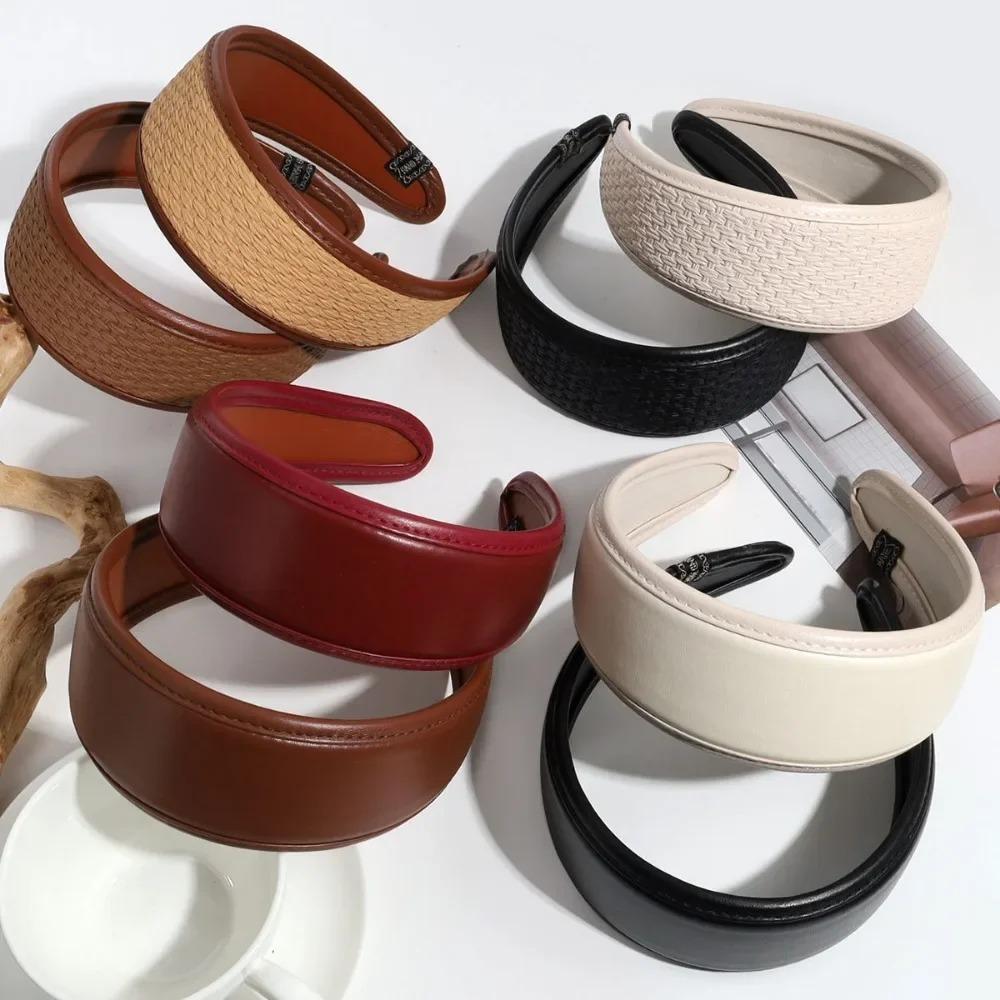 Solid Color PU Leather Hairbands Retro Women Hoop Headband Wide Turbans Women Hair Accessories