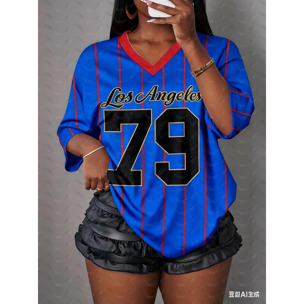 Women's Printed V-Neck Short-Sleeve T-Shirt, Summer Pattern T-Shirt, Baseball Shirt, Plus Size Sports T-Shirt
